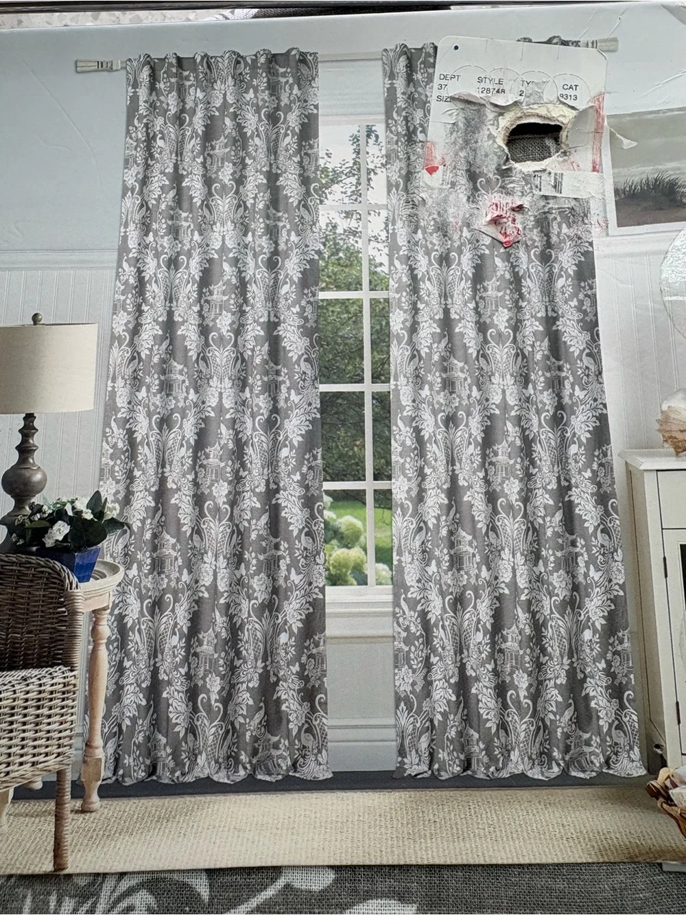 NEW Moss & Willow gray and white chinoiserie bird and pagoda curtains- set of 2